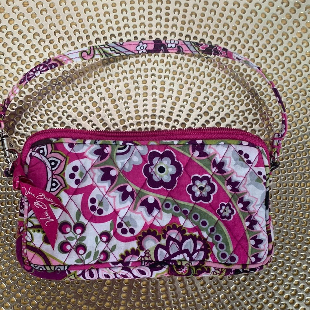 Vera Bradley pink and purple quilted wristlet purse. Zipper closure 7”x4”